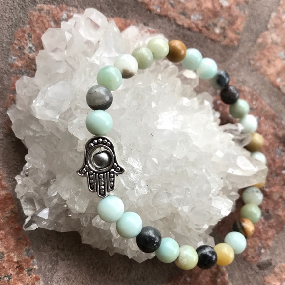 Silverskylight Jewelry - Genuine Amazonite silver hamsa bead boho bracelet